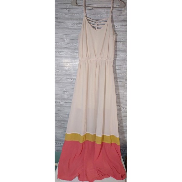 Umgee Maxi Sheer Dress W/Slip Color Block Cream Pink, Adjustable Straps - Picture 3 of 8